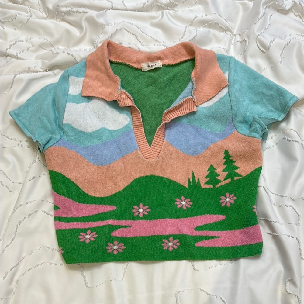 Colorful Scenic Knit Crop Top